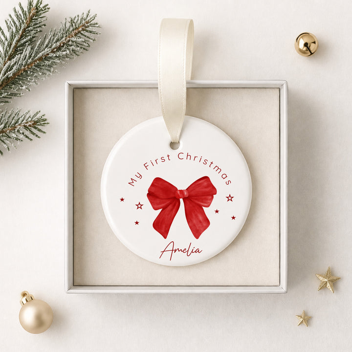 Personalised Red Bow Ceramic My First Christmas Bauble
