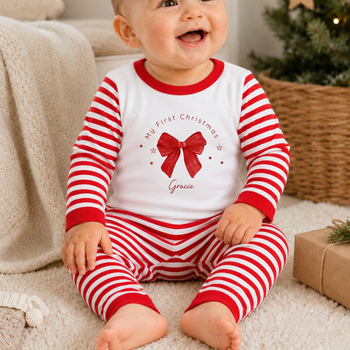 Personalised Red Bow My First Christmas Pyjamas