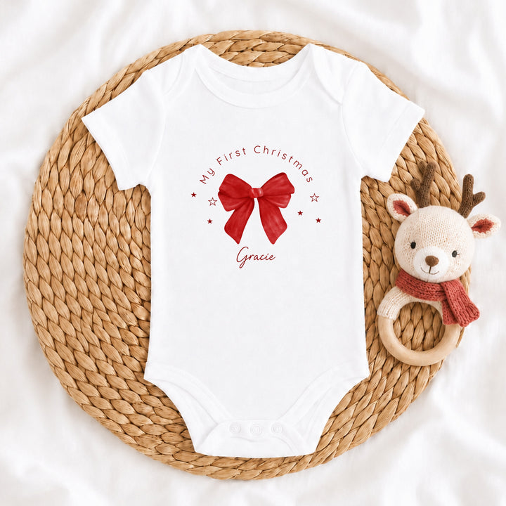 Personalised Red Bow My First Christmas Baby Grow/Vest/Bib