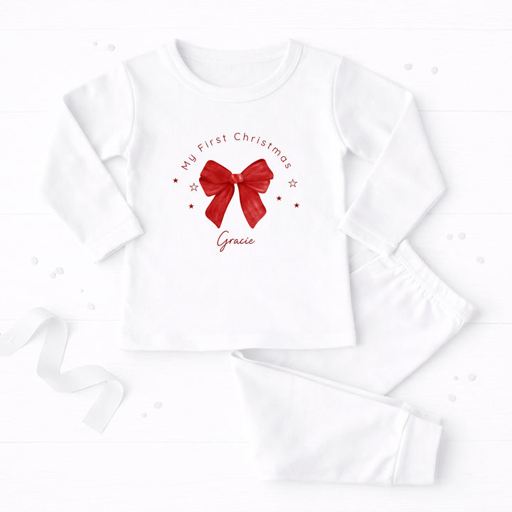 Personalised Red Bow My First Christmas Pyjamas