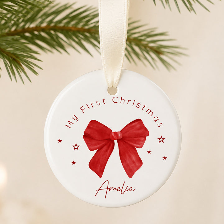 Personalised Red Bow Ceramic My First Christmas Bauble