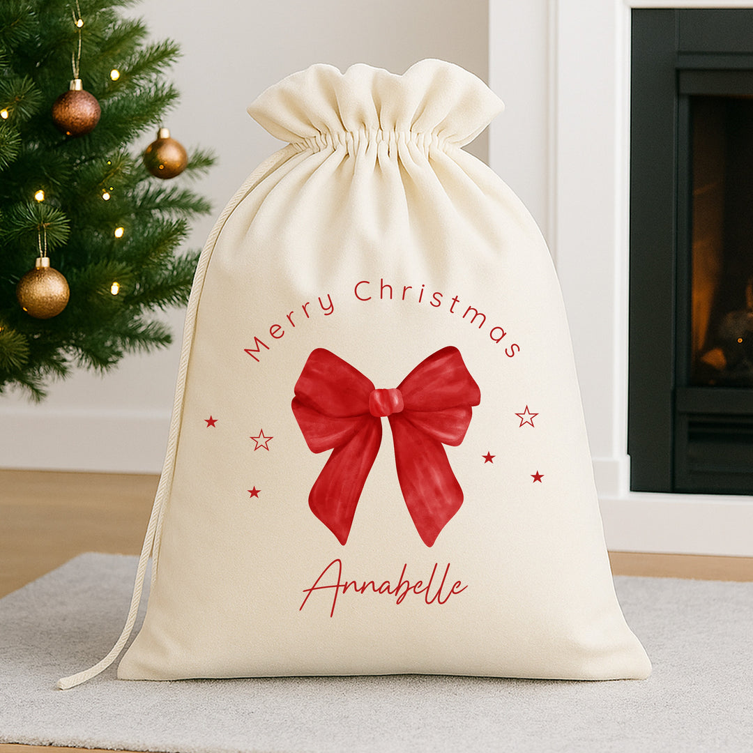Personalised Red Bow Velvet Christmas Santa Sack or Stocking