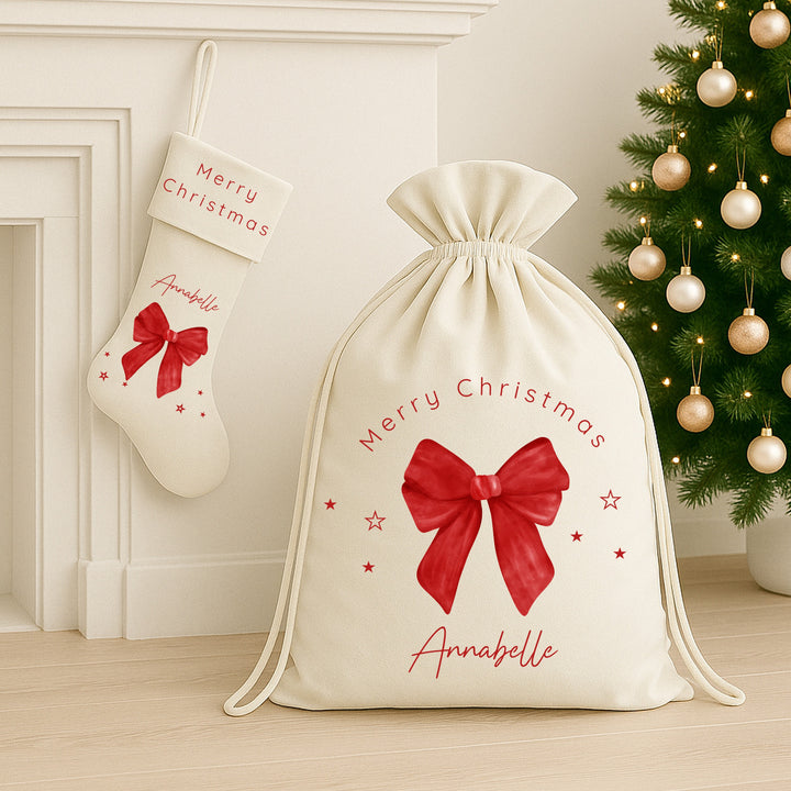 Personalised Red Bow Velvet Christmas Santa Sack or Stocking