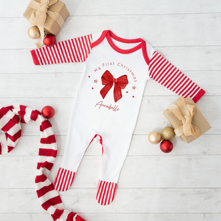 Personalised Red Bow My First Christmas Baby Grow/Vest/Bib