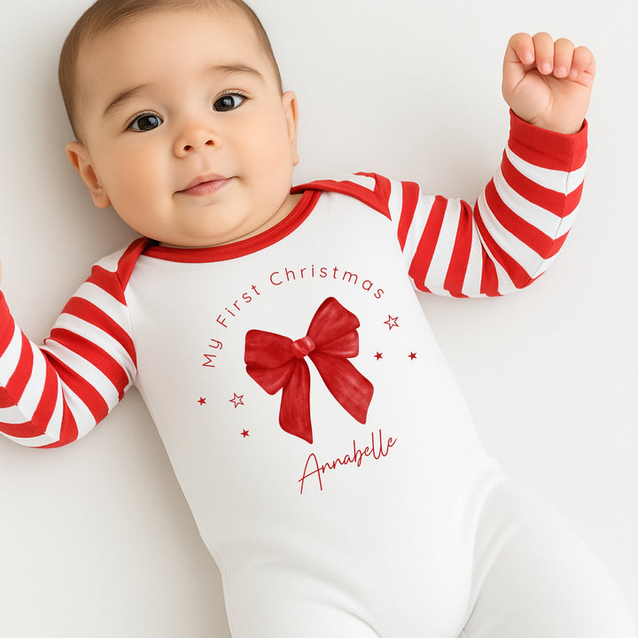 Personalised Red Bow My First Christmas Baby Grow/Vest/Bib