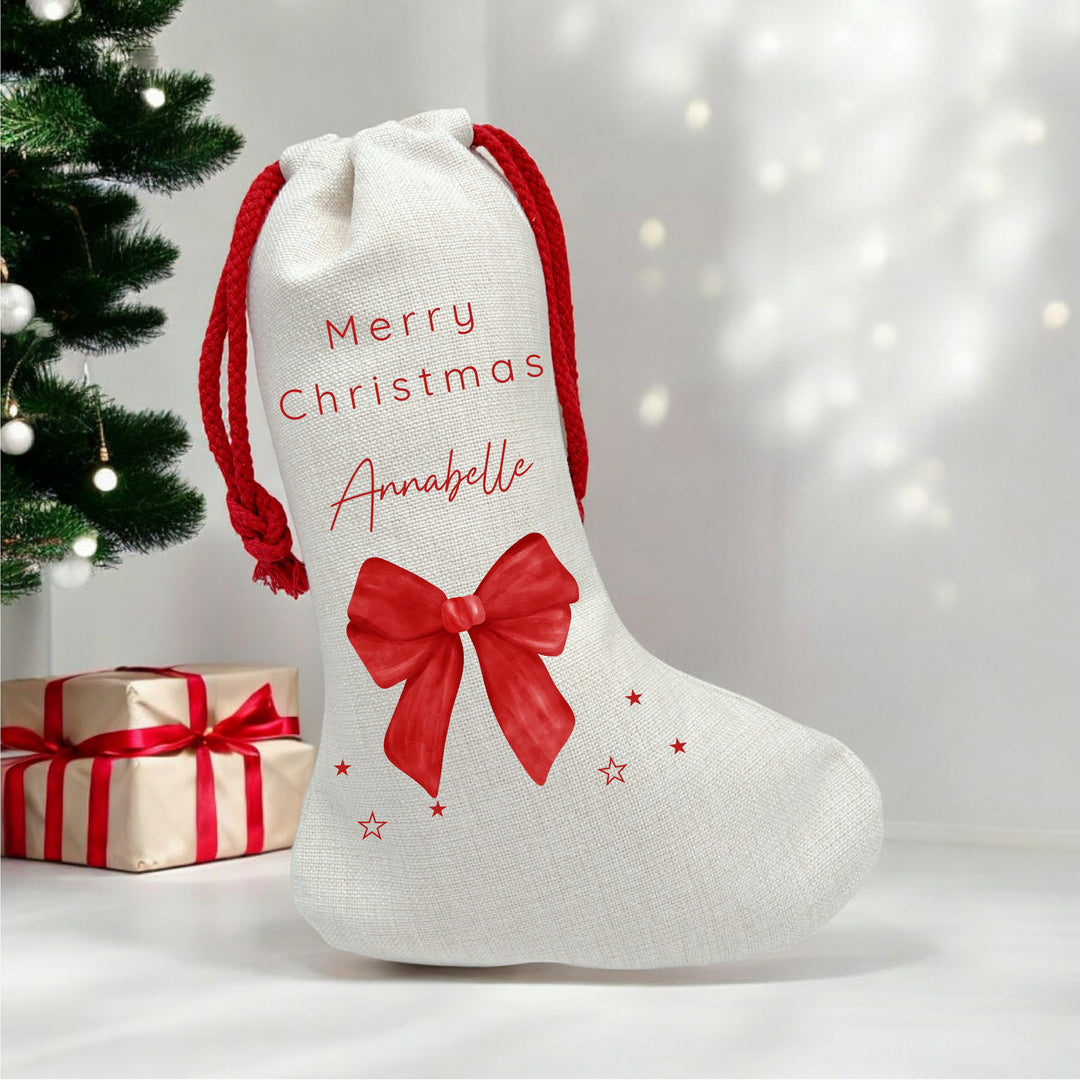 Personalised Red Bow Merry Christmas Santa Sack or Stocking