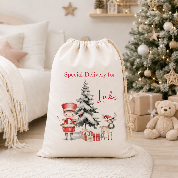 Personalised Red Nutcracker My First Christmas Canvas Santa Sack