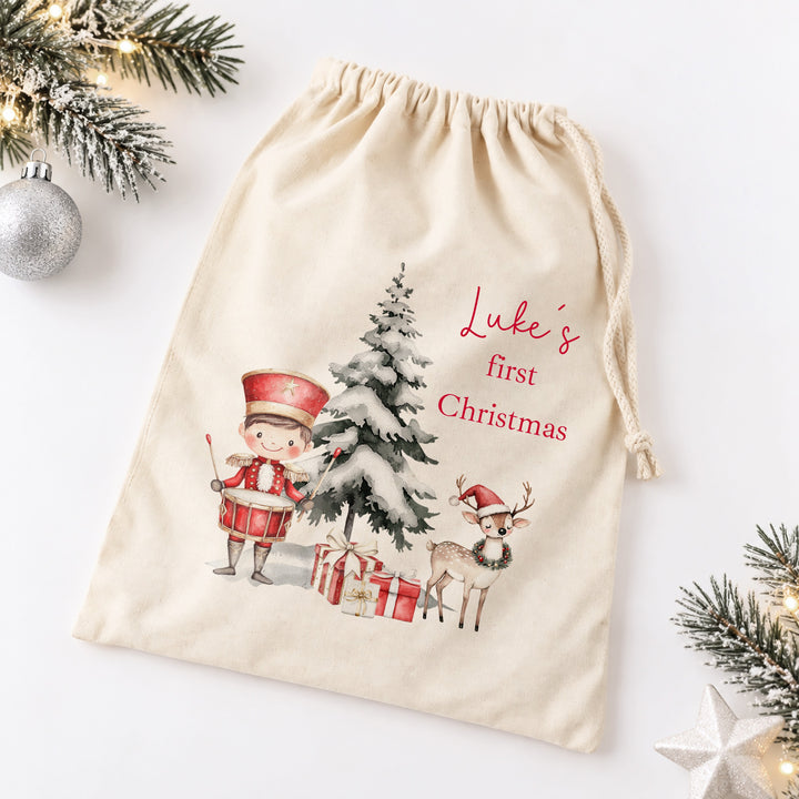 Personalised Red Nutcracker My First Christmas Canvas Santa Sack