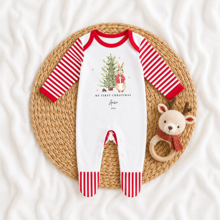Personalised Red Rabbit Tree My First Christmas Red Baby Grow