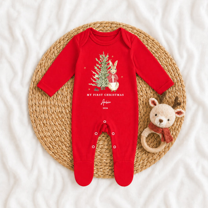 Personalised Red Rabbit Tree My First Christmas Red Baby Grow