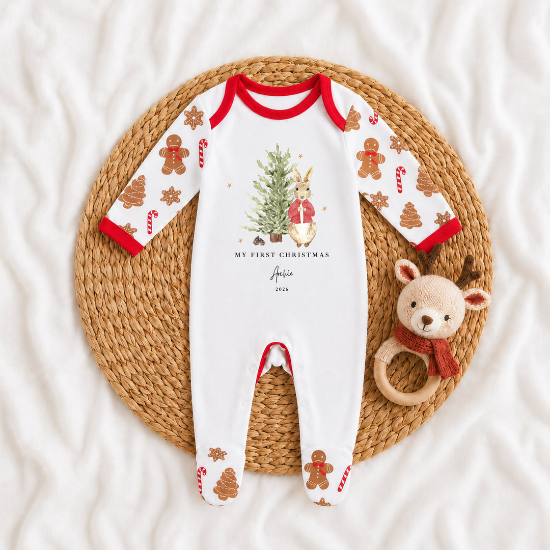 Personalised Red Rabbit Tree My First Christmas Pattern Baby Grow