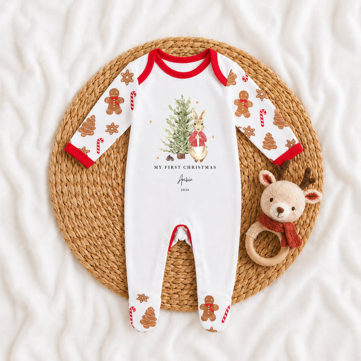 Personalised Red Rabbit Tree My First Christmas Pattern Baby Grow