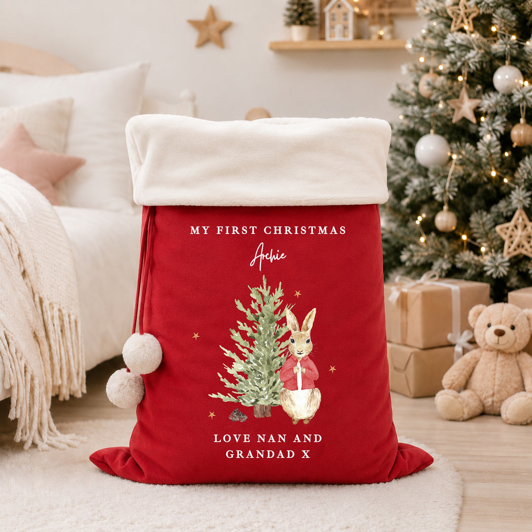 Personalised Red Rabbit Tree My First Christmas Stocking or Santa Sack