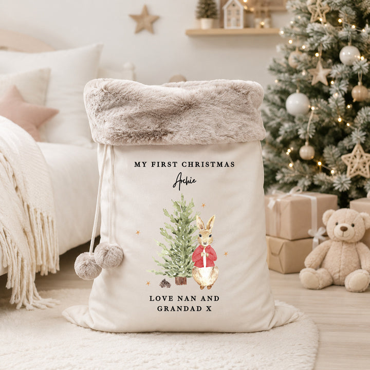 Personalised Red Rabbit Tree My First Christmas Stocking or Santa Sack