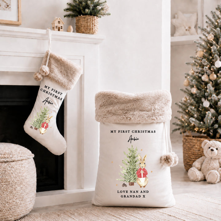 Personalised Red Rabbit Tree My First Christmas Stocking or Santa Sack
