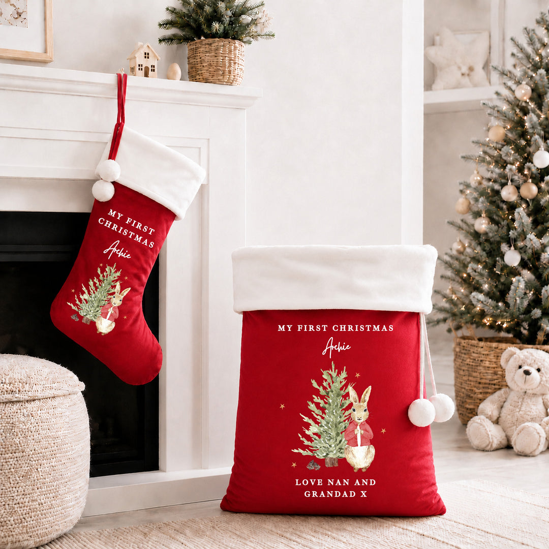 Personalised Red Rabbit Tree My First Christmas Stocking or Santa Sack