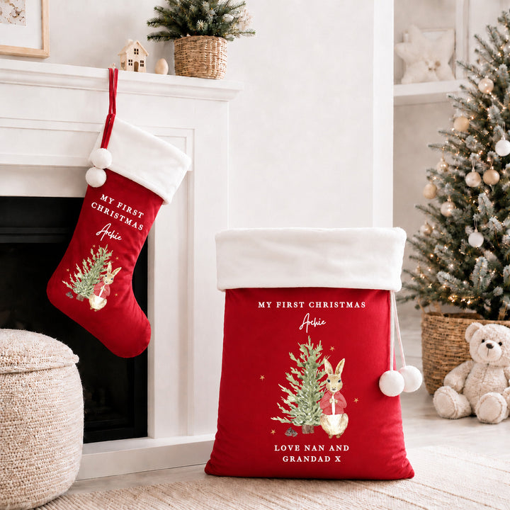 Personalised Red Rabbit Tree My First Christmas Stocking or Santa Sack