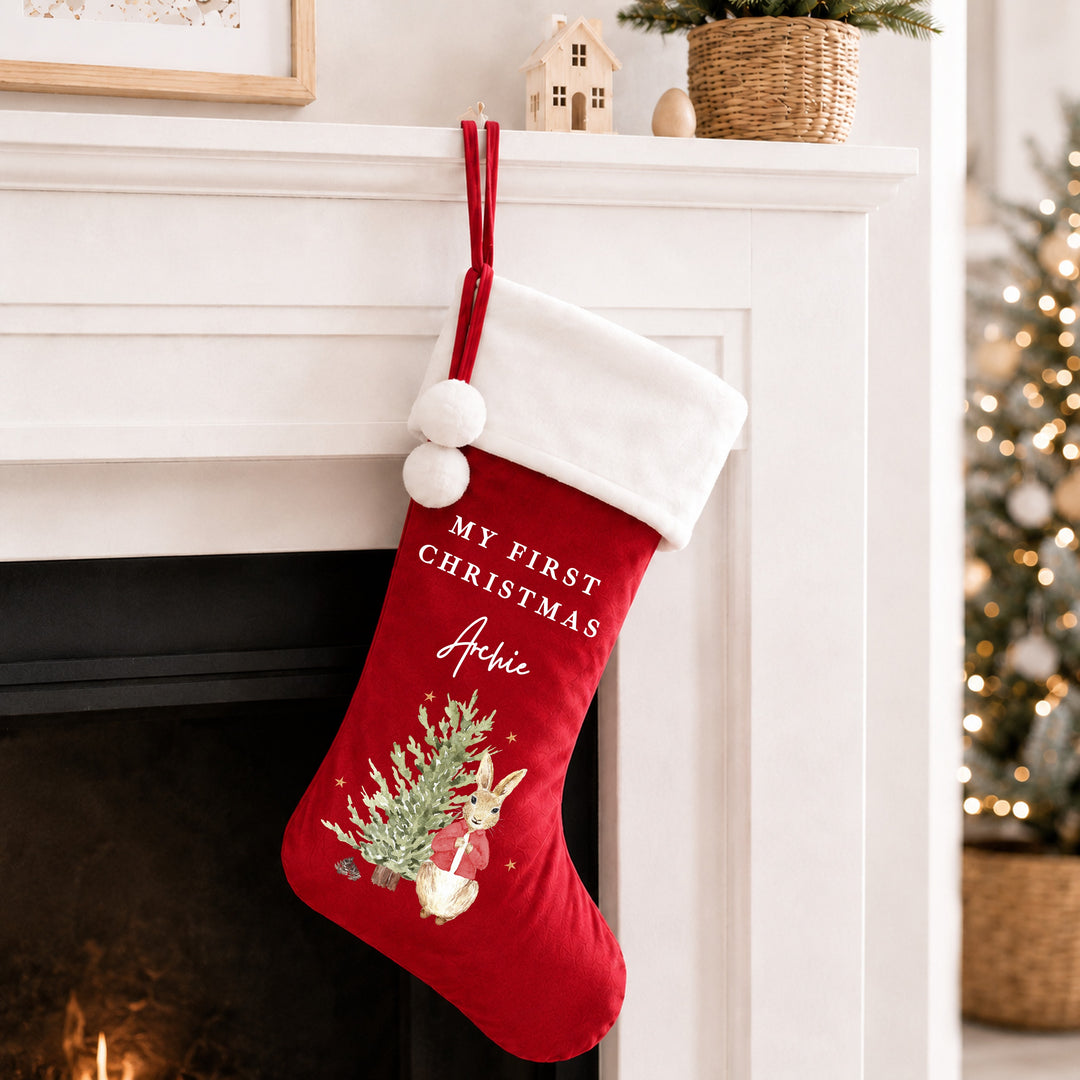 Personalised Red Rabbit Tree My First Christmas Stocking or Santa Sack