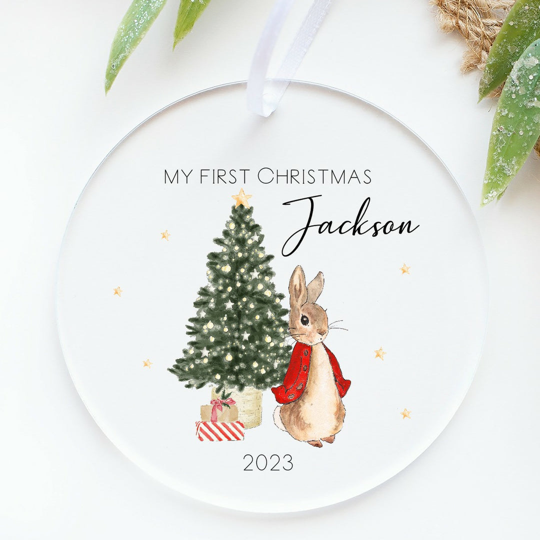 My First Christmas Red Rabbit Personalised Clear Acrylic Tree Ornament