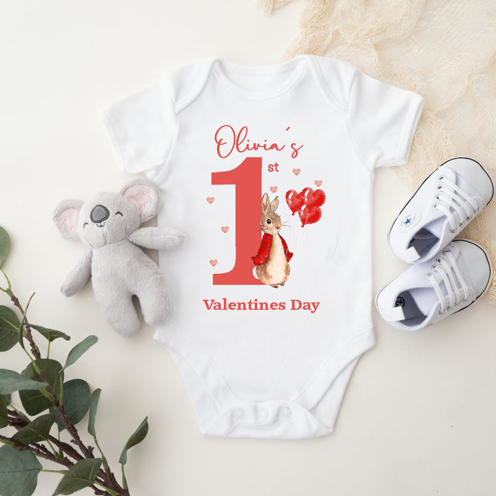 Personalised First Valentines Red Rabbit Babygrow/Vest