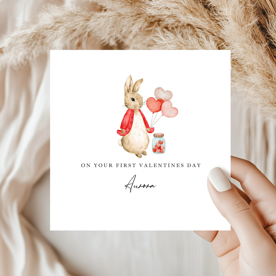 Personalised Red Rabbit First Valentine's Day Card