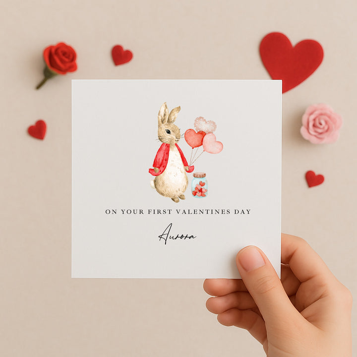 Personalised Red Rabbit First Valentine's Day Card