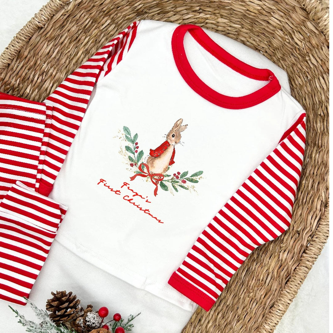 Personalised Red Rabbit Wreath Red Striped Christmas Pyjamas