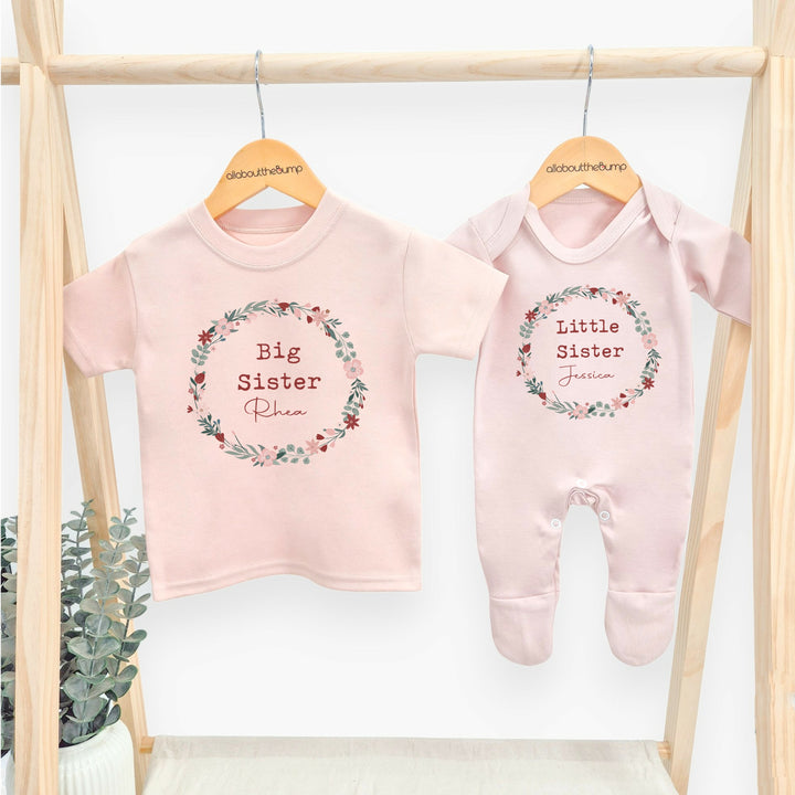 Personalised Floral Wreath Sibling Matching Pink Babygrow/T-shirt