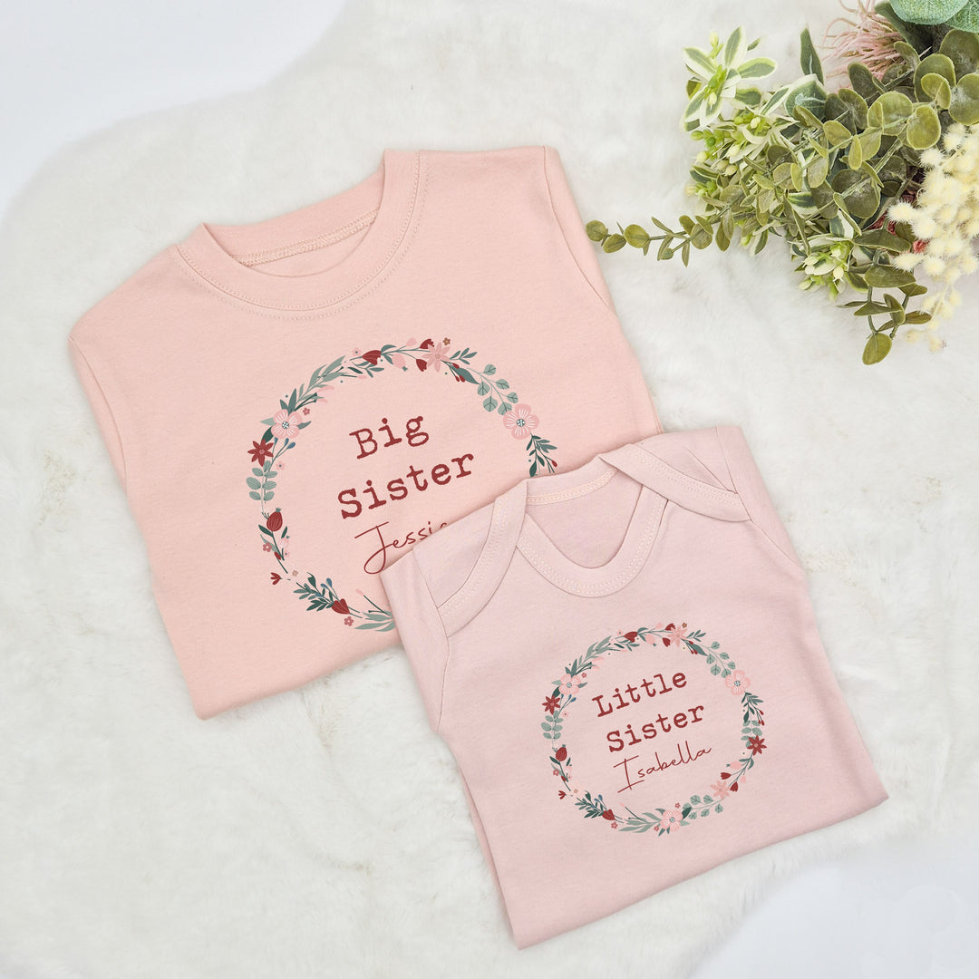 Personalised Floral Wreath Sibling Matching Pink Babygrow/T-shirt