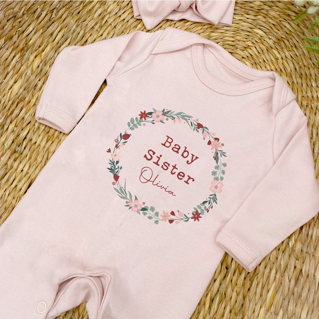 Personalised Floral Wreath Sibling Matching Pink Babygrow/T-shirt