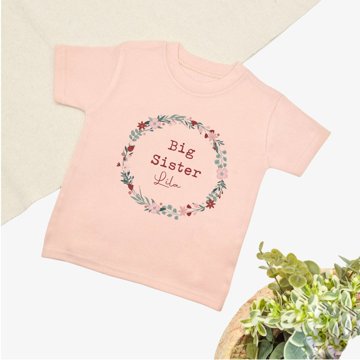 Personalised Floral Wreath Sibling Matching Pink Babygrow/T-shirt