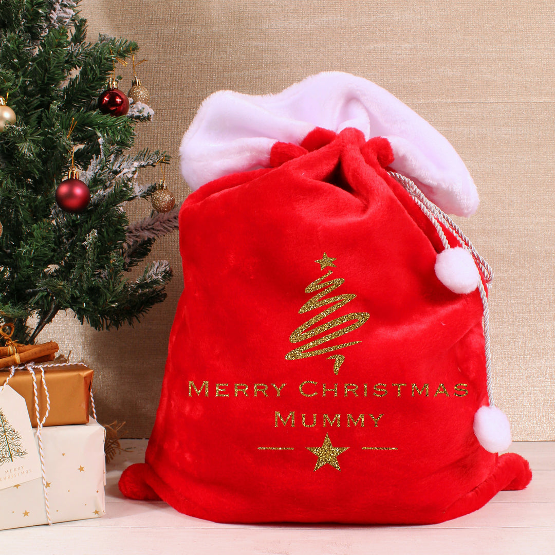 Personalised Christmas Tree Red Fluff PomPom Santa Sack