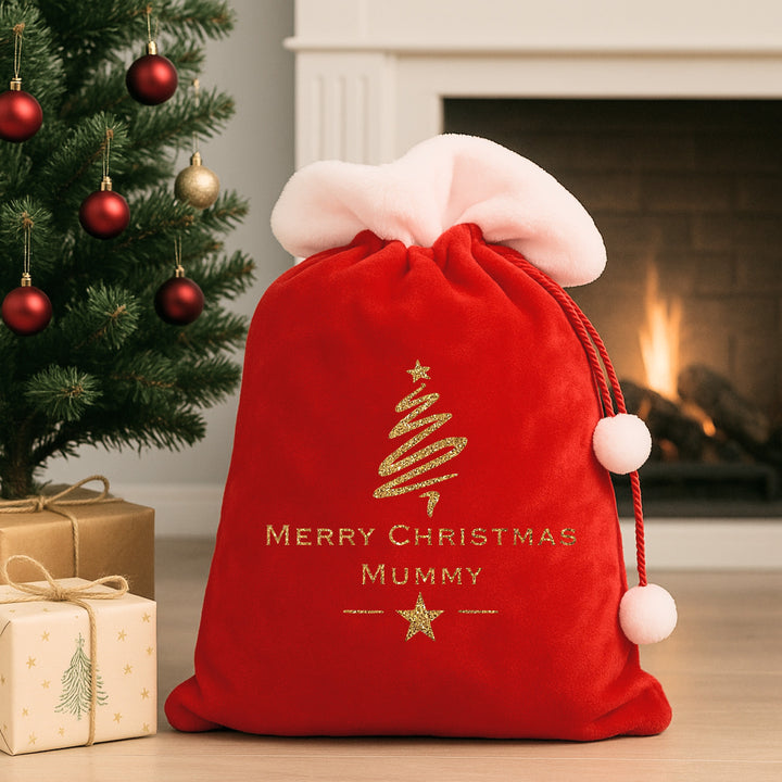 Personalised Gold Glitter Christmas Tree Red Fluff PomPom Santa Sack