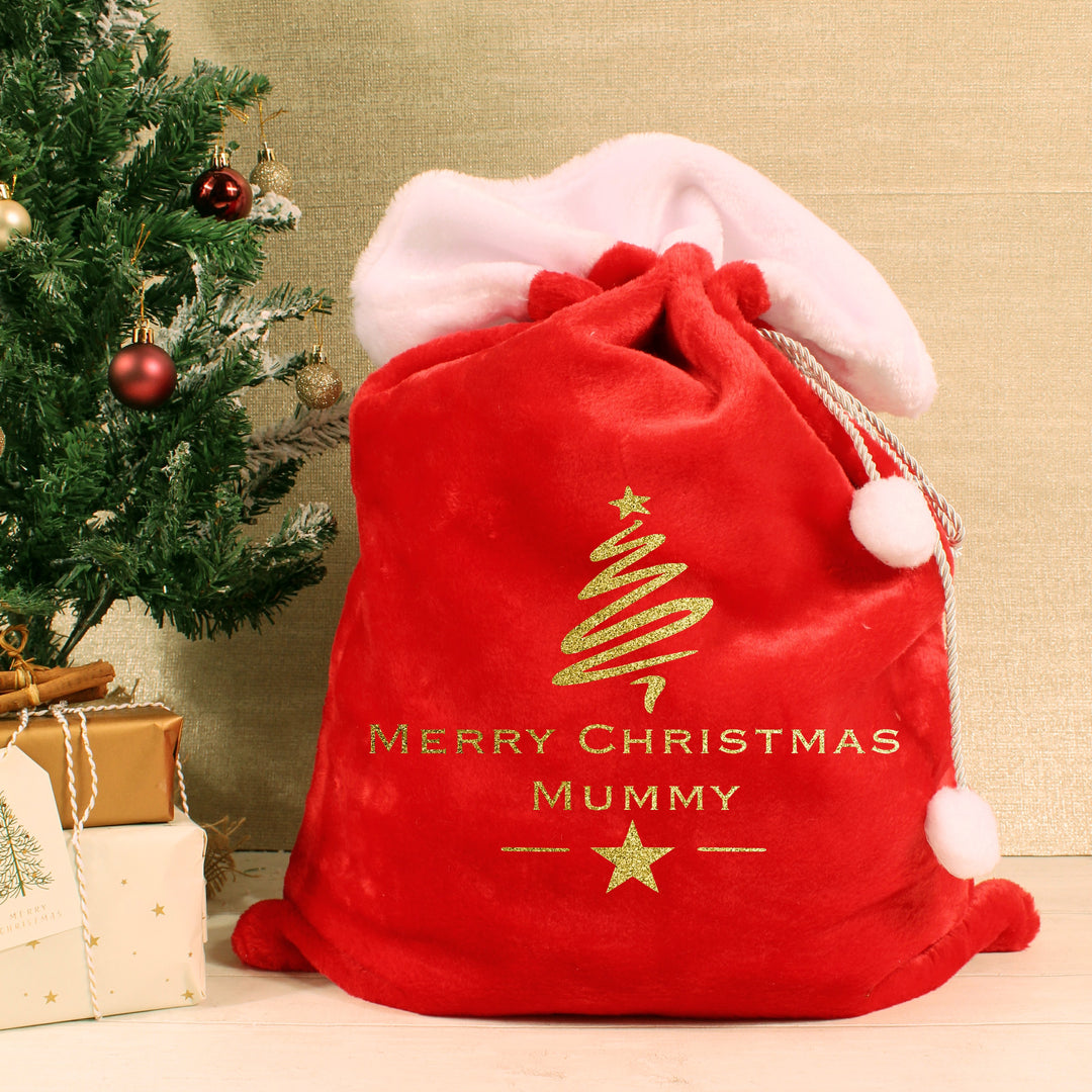Personalised Gold Glitter Christmas Tree Red Fluff PomPom Santa Sack