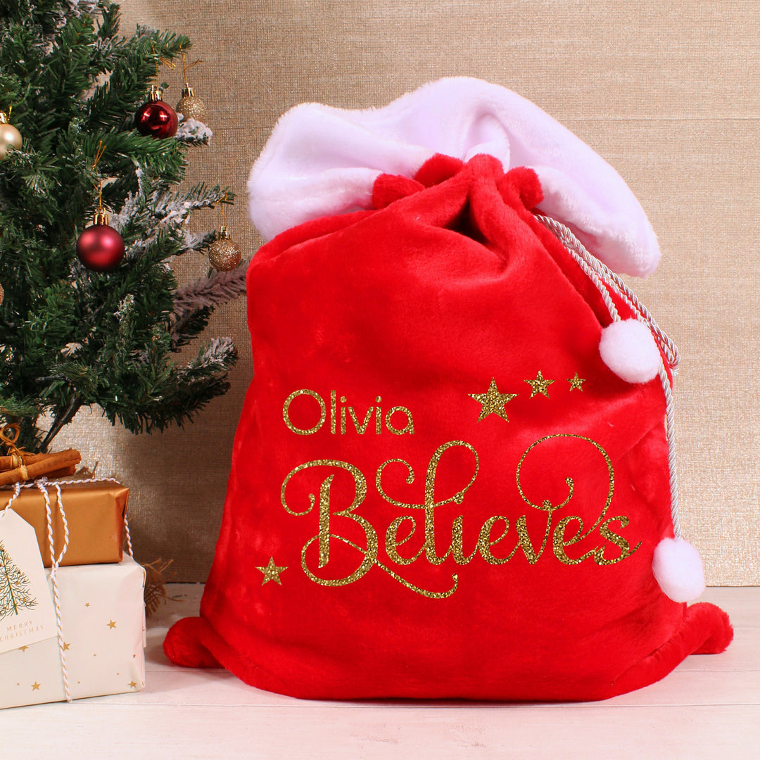 Personalised Name Believes Red Fluff PomPom Santa Sack