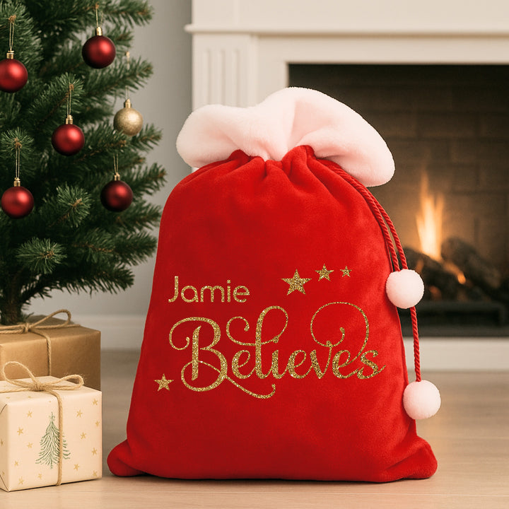 Personalised Name Believes Red Fluff PomPom Santa Sack