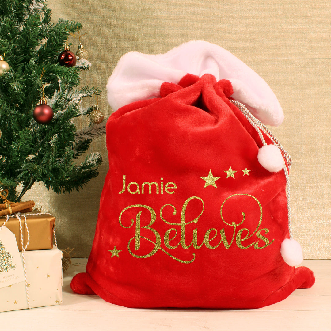 Personalised Name Believes Red Fluff PomPom Santa Sack