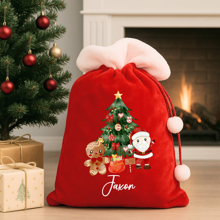 Christmas Scene Red Fluff PomPom Sack