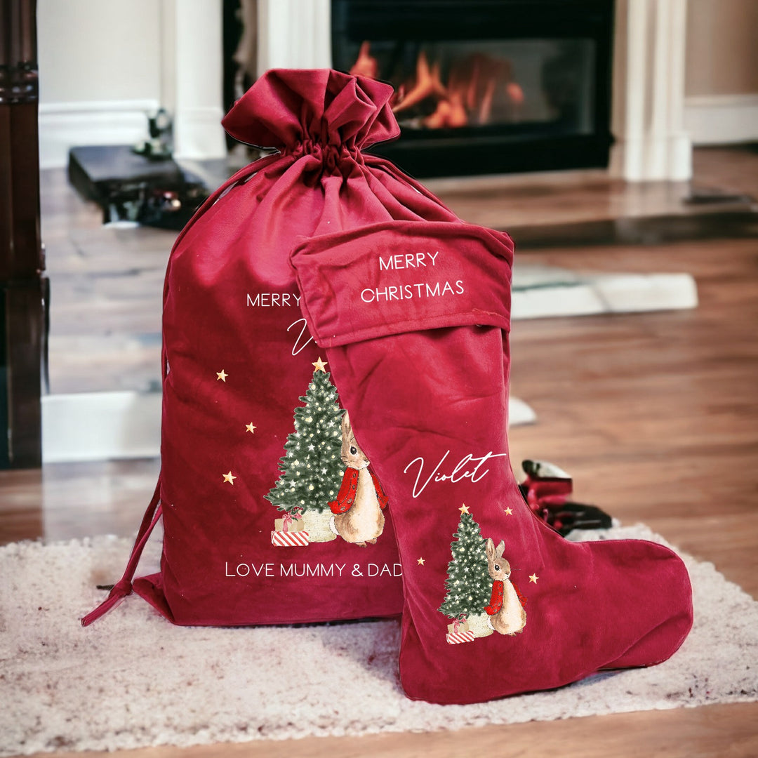 Personalised Red Rabbit Christmas Stocking or Santa Sack