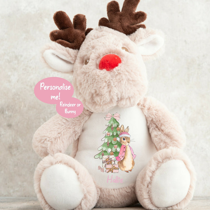 Personalised Christmas Pink Rabbit Bunny/Reindeer Teddy