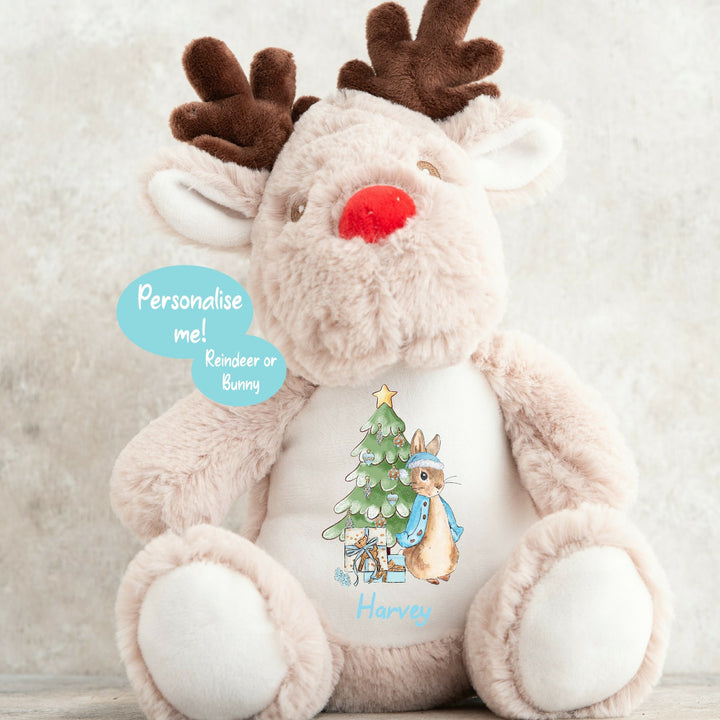 Personalised Blue Christmas Rabbit Bunny/Reindeer Teddy