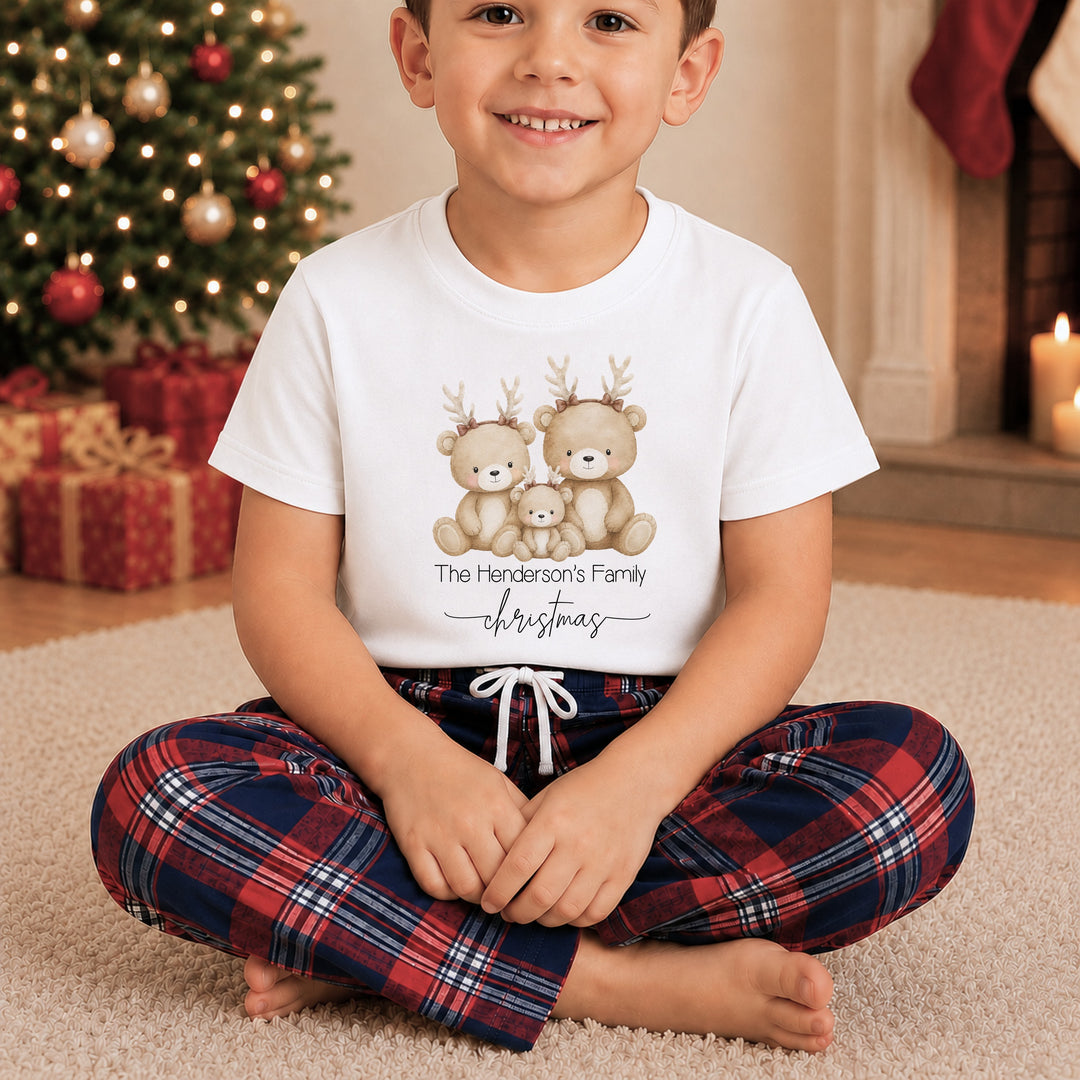 Personalised Reindeer Bear Family Matching Tartan Christmas Pyjamas