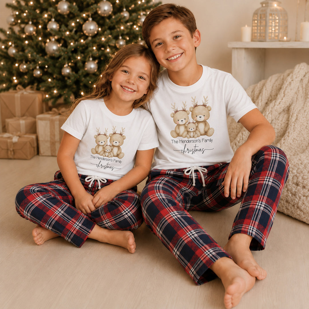 Personalised Reindeer Bear Family Matching Tartan Christmas Pyjamas