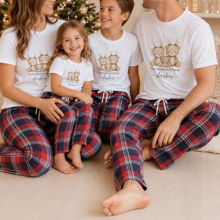 Personalised Reindeer Bear Family Matching Tartan Christmas Pyjamas