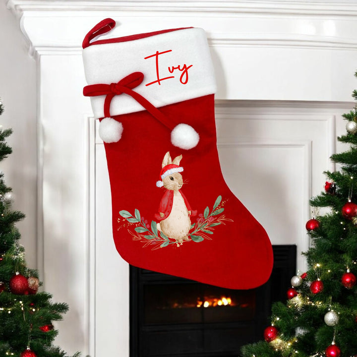 Personalised Red Rabbit Red PomPom Stocking