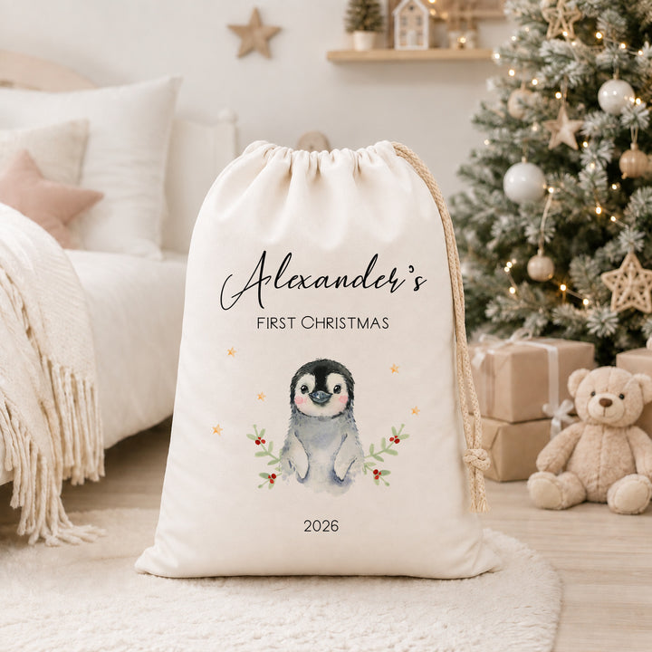 Personalised Little Penguin My First Christmas Canvas Santa Sack