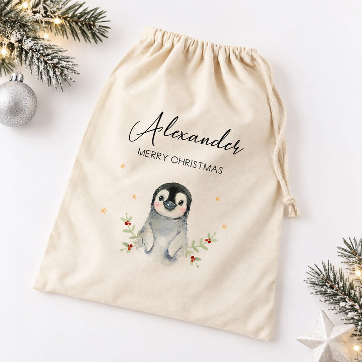 Personalised Little Penguin My First Christmas Canvas Santa Sack