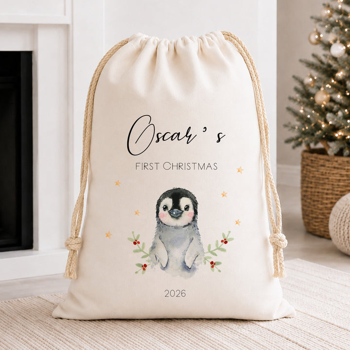 Personalised Little Penguin My First Christmas Canvas Santa Sack