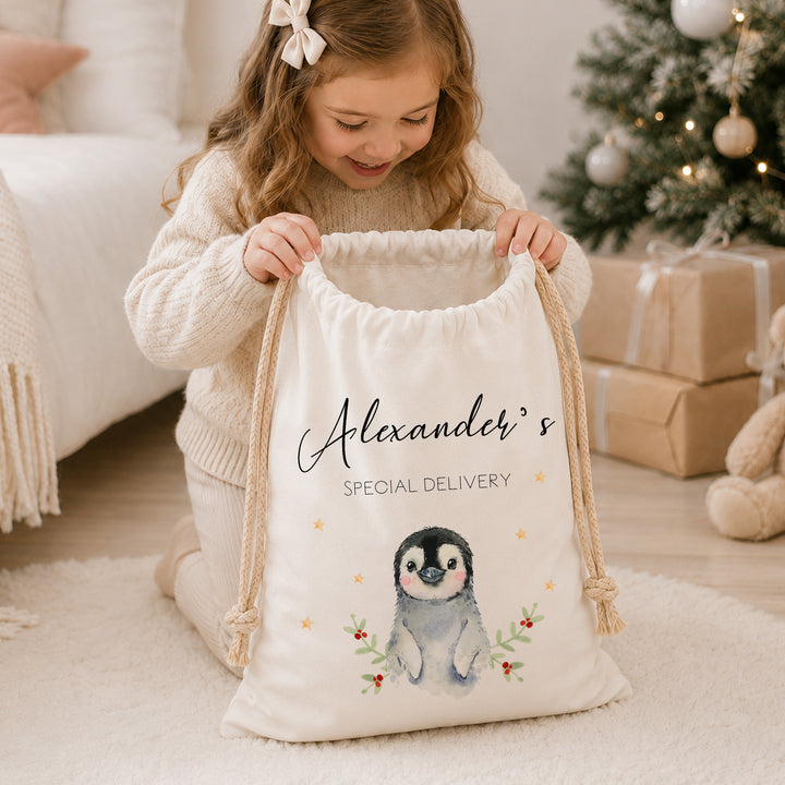 Personalised Little Penguin My First Christmas Canvas Santa Sack