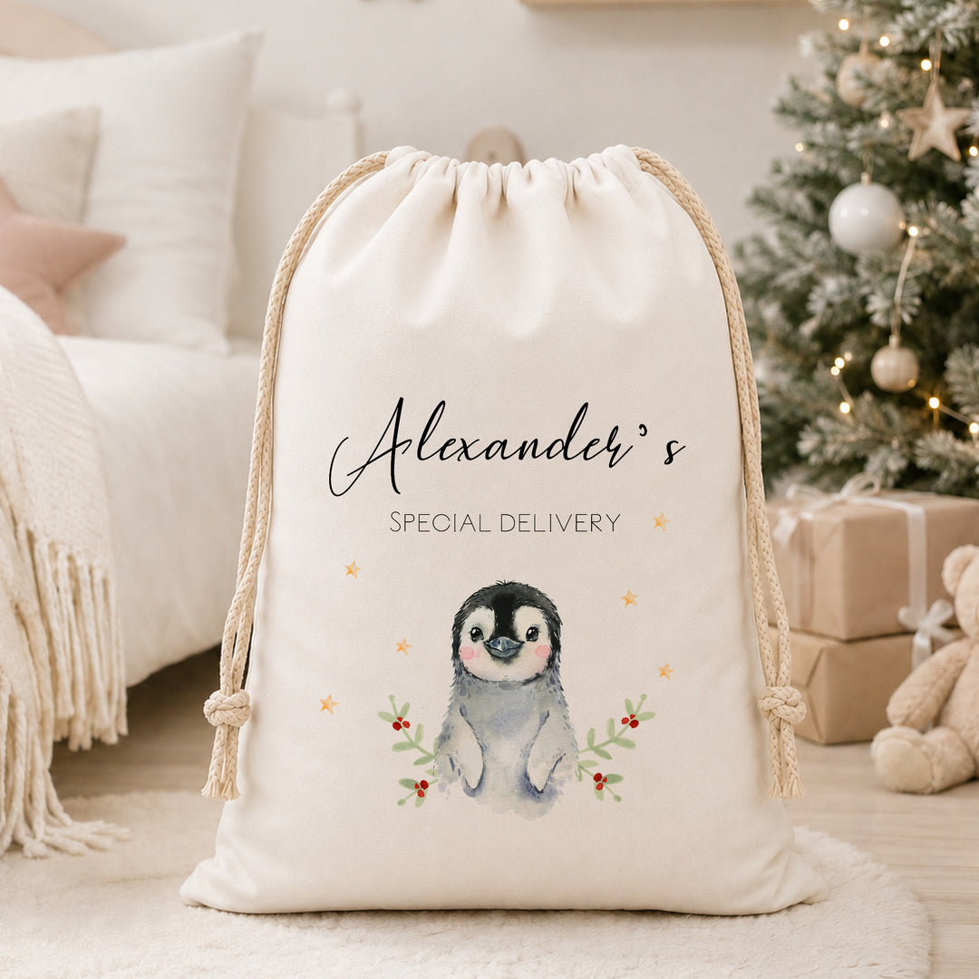 Personalised Little Penguin My First Christmas Canvas Santa Sack